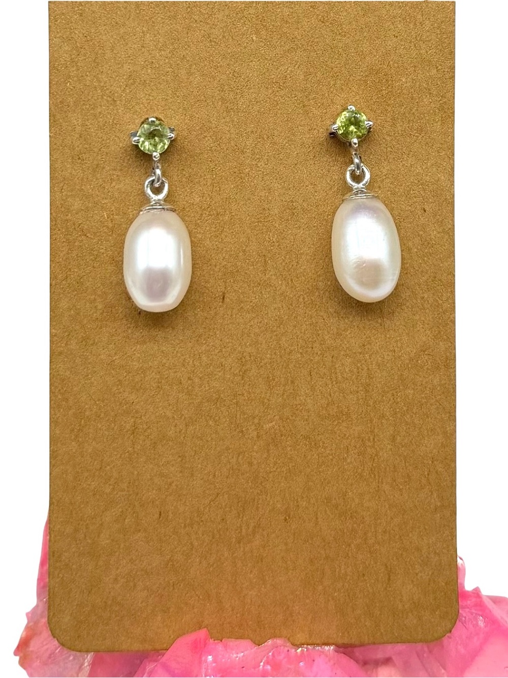 Freshwater Pearl & Peridot Earrings Solid 925 Sterling Silver Dangle Drop